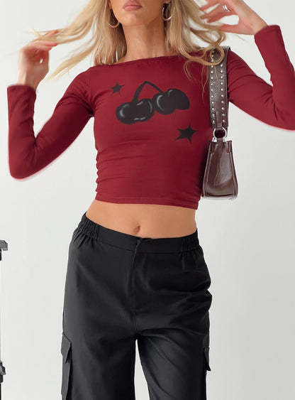 Amabon Cherry Print Long Sleeve Top Adrenalin Red