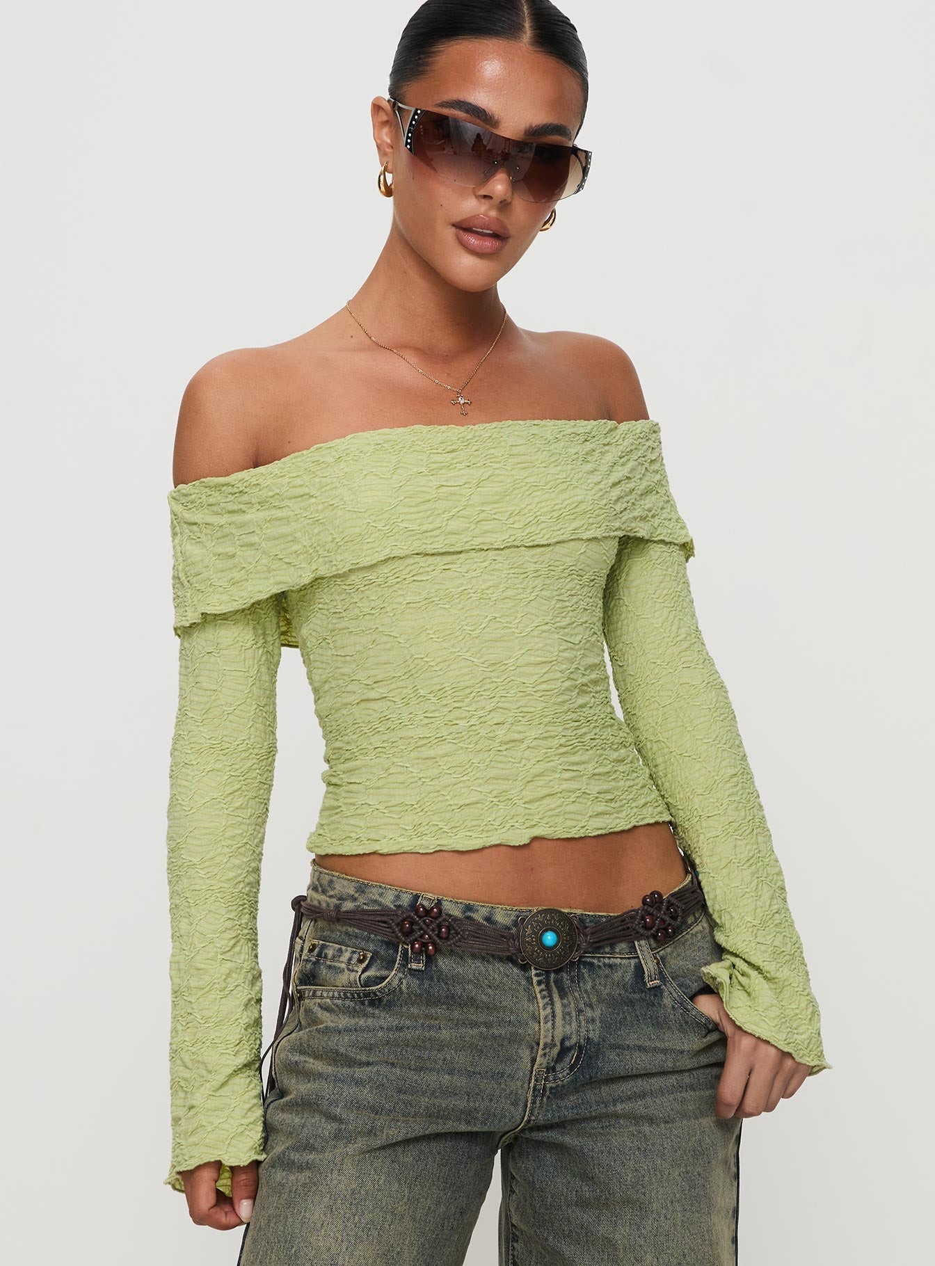 Back With Love Off Shoulder Long Sleeve Top Green