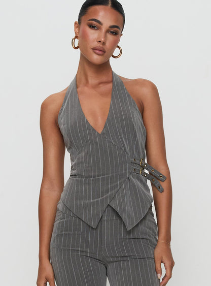 Calexico Buckle Halter Top Grey Pinstripe