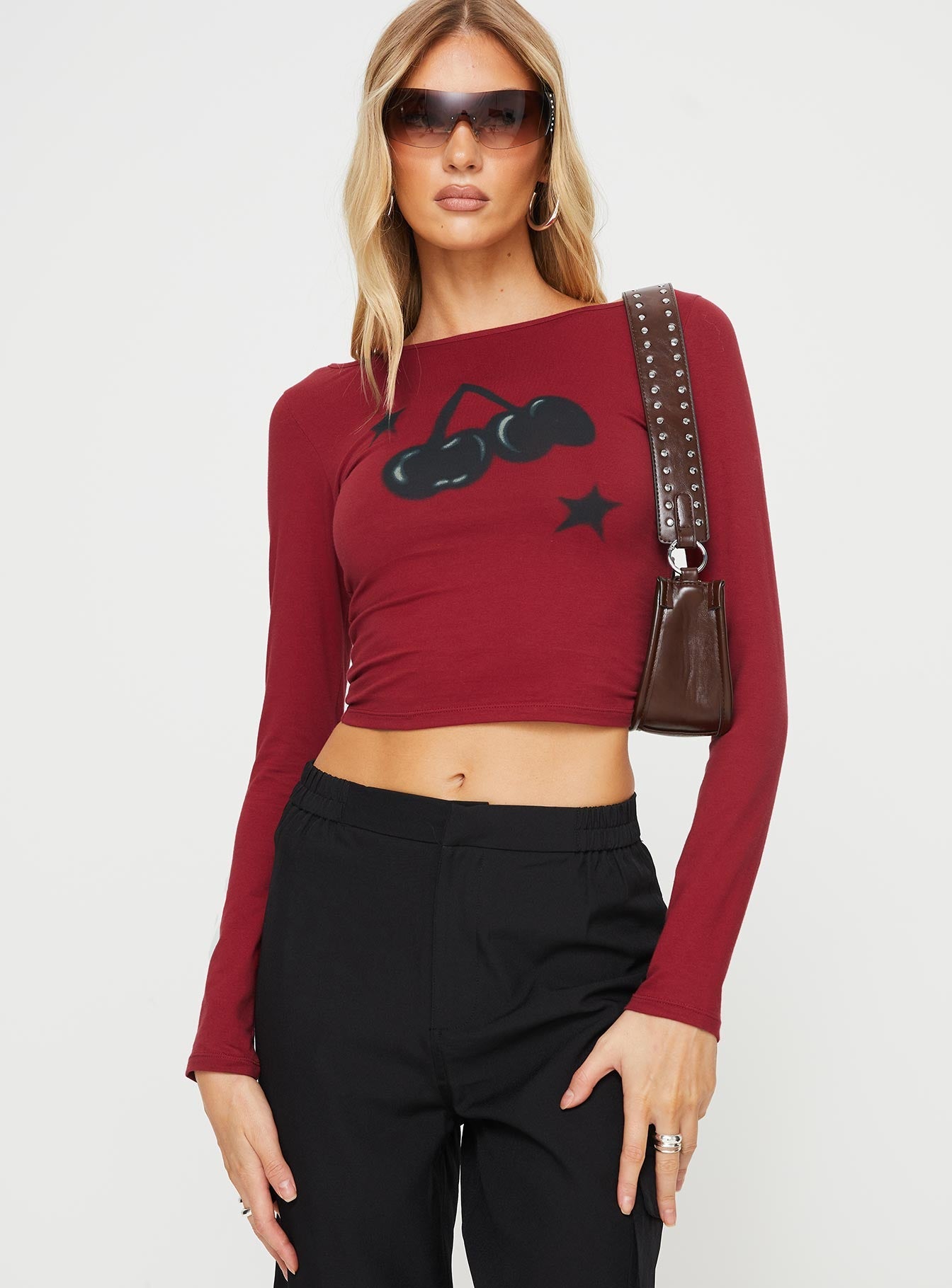 Amabon Cherry Print Long Sleeve Top Adrenalin Red