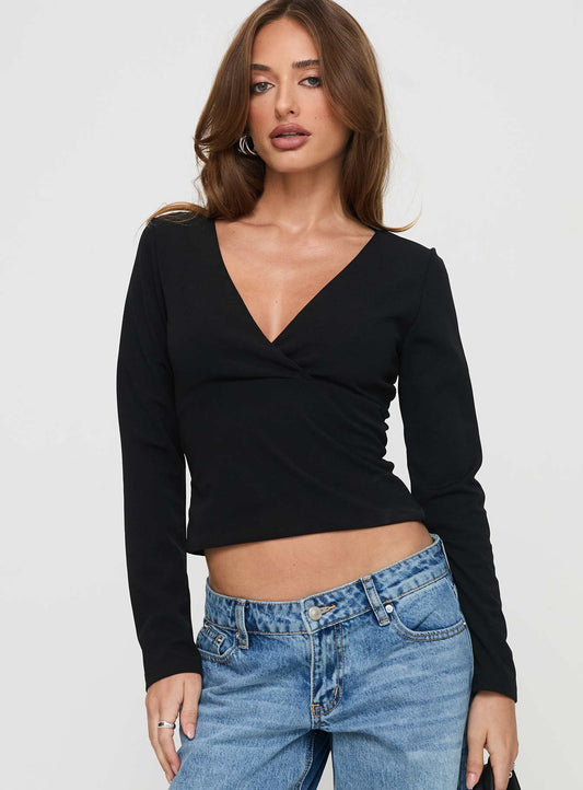 Aeva Long Sleeve Plunge Top Black