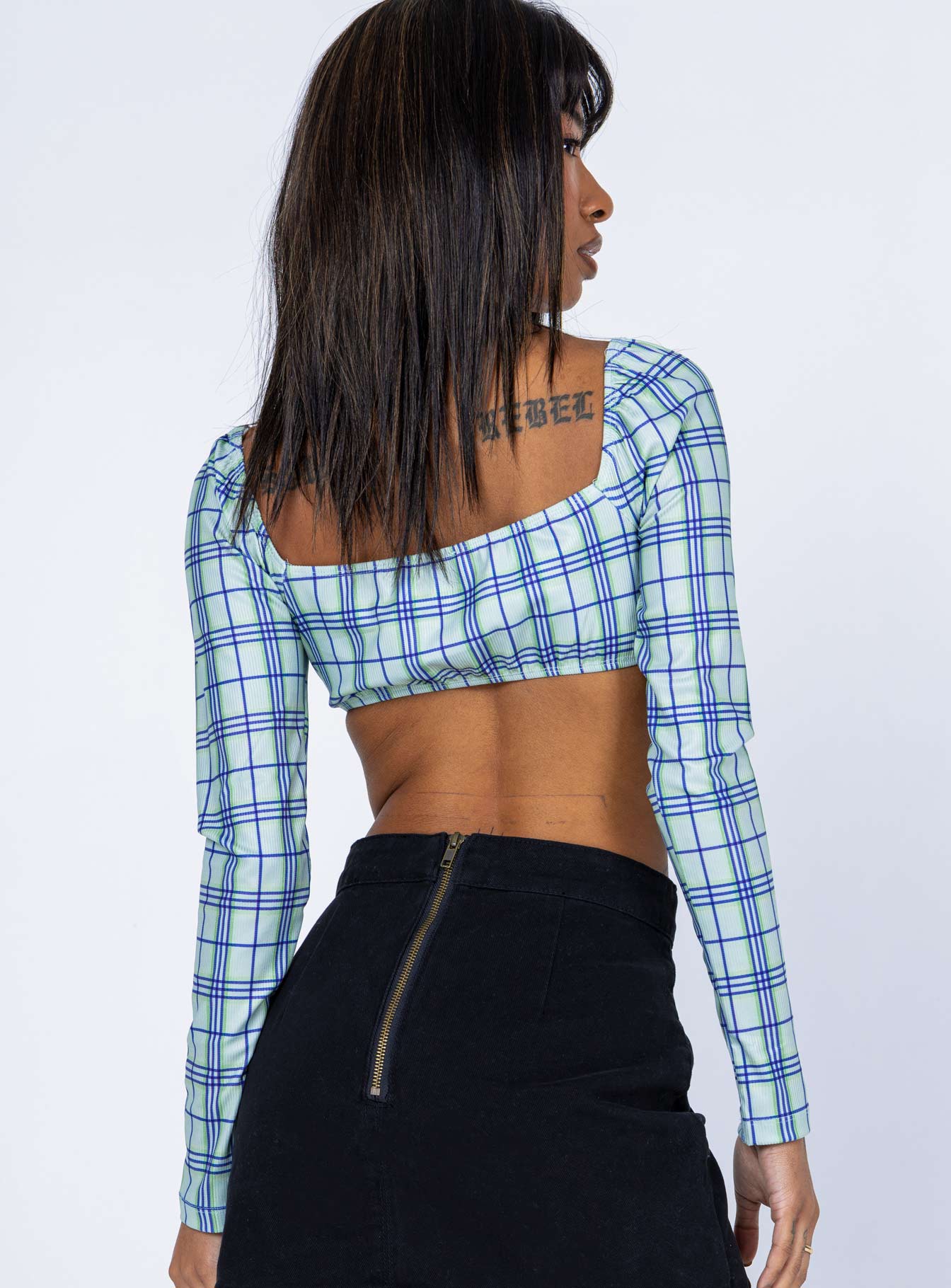 Becca Long Sleeve Crop Top Green Check