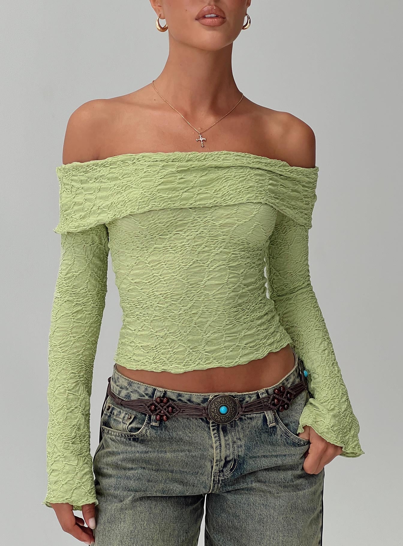 Back With Love Off Shoulder Long Sleeve Top Green