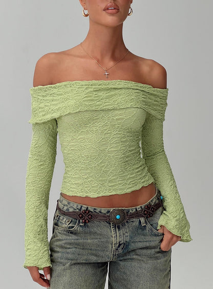 Back With Love Off Shoulder Long Sleeve Top Green