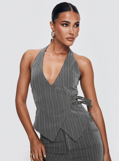 Calexico Buckle Halter Top Grey Pinstripe