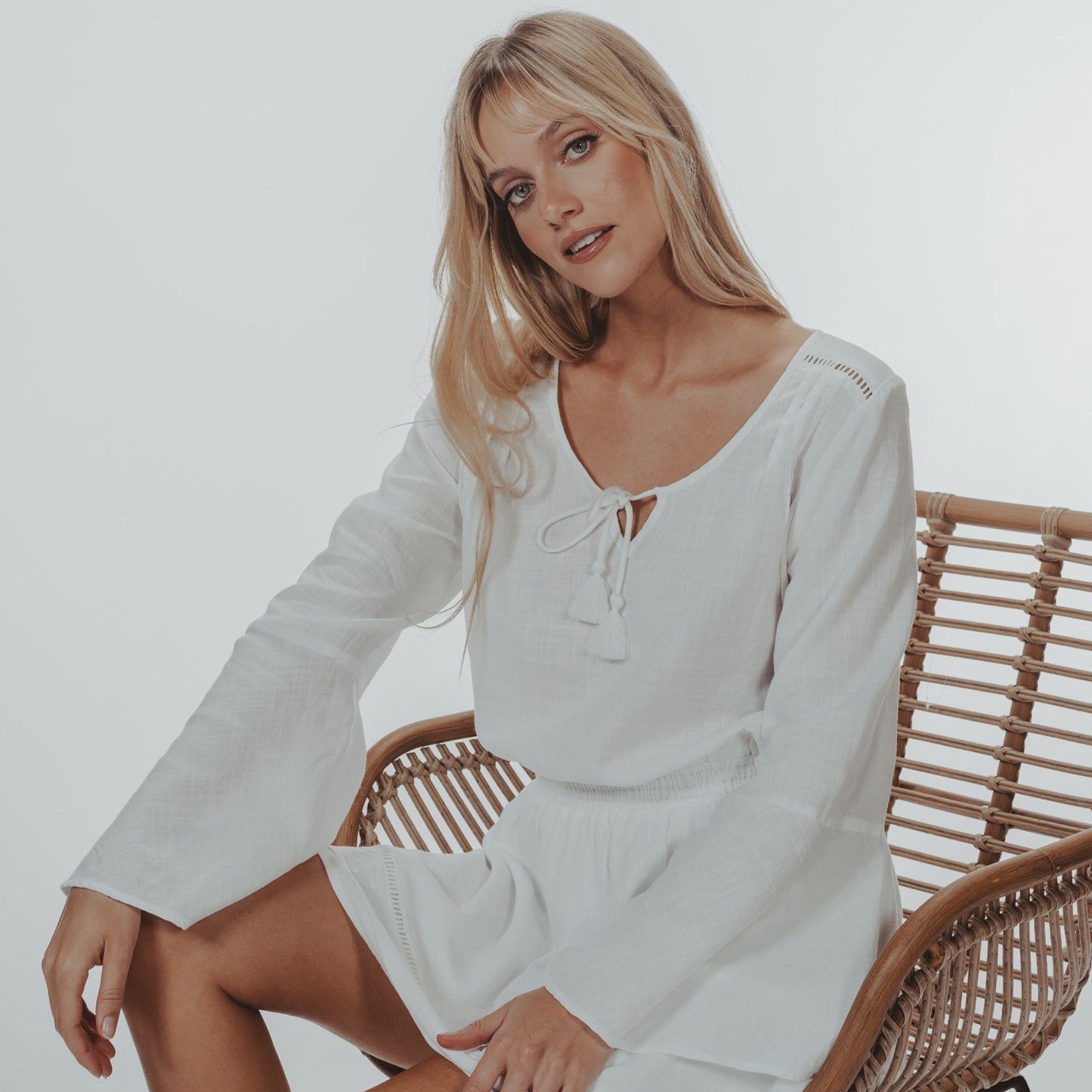 Bell Sleeve Mini Dress in White