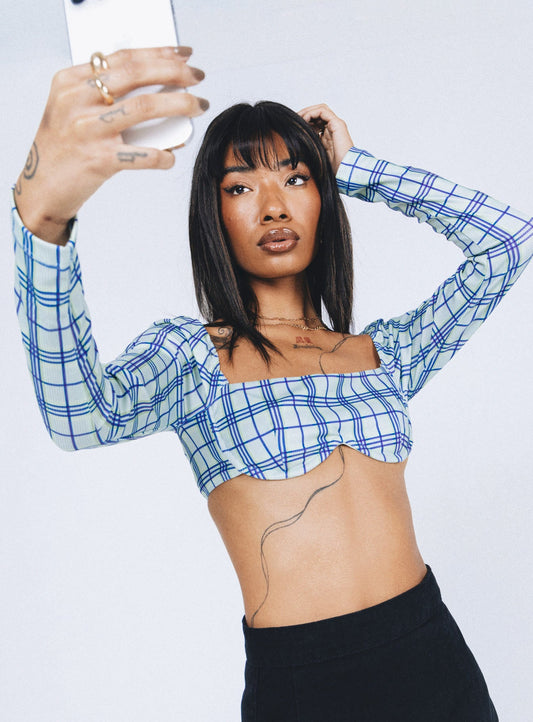 Becca Long Sleeve Crop Top Green Check