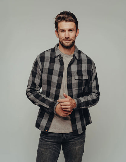 Boone Heavy Brushed Twill Overshirt in Grey Plaid