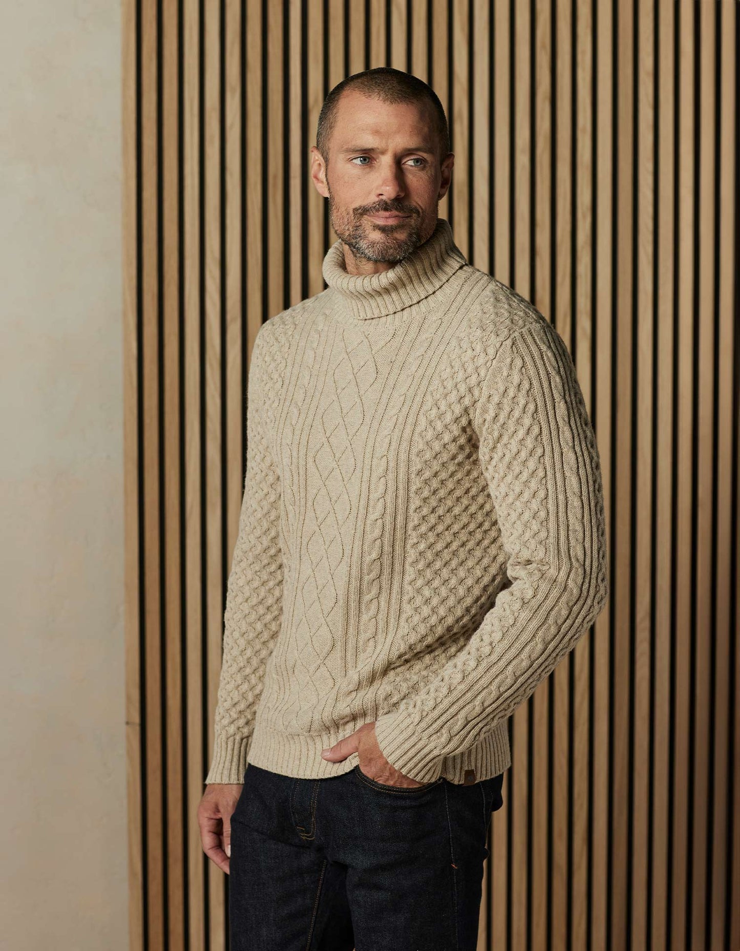 Cable Knit Rollneck Sweater in Oat