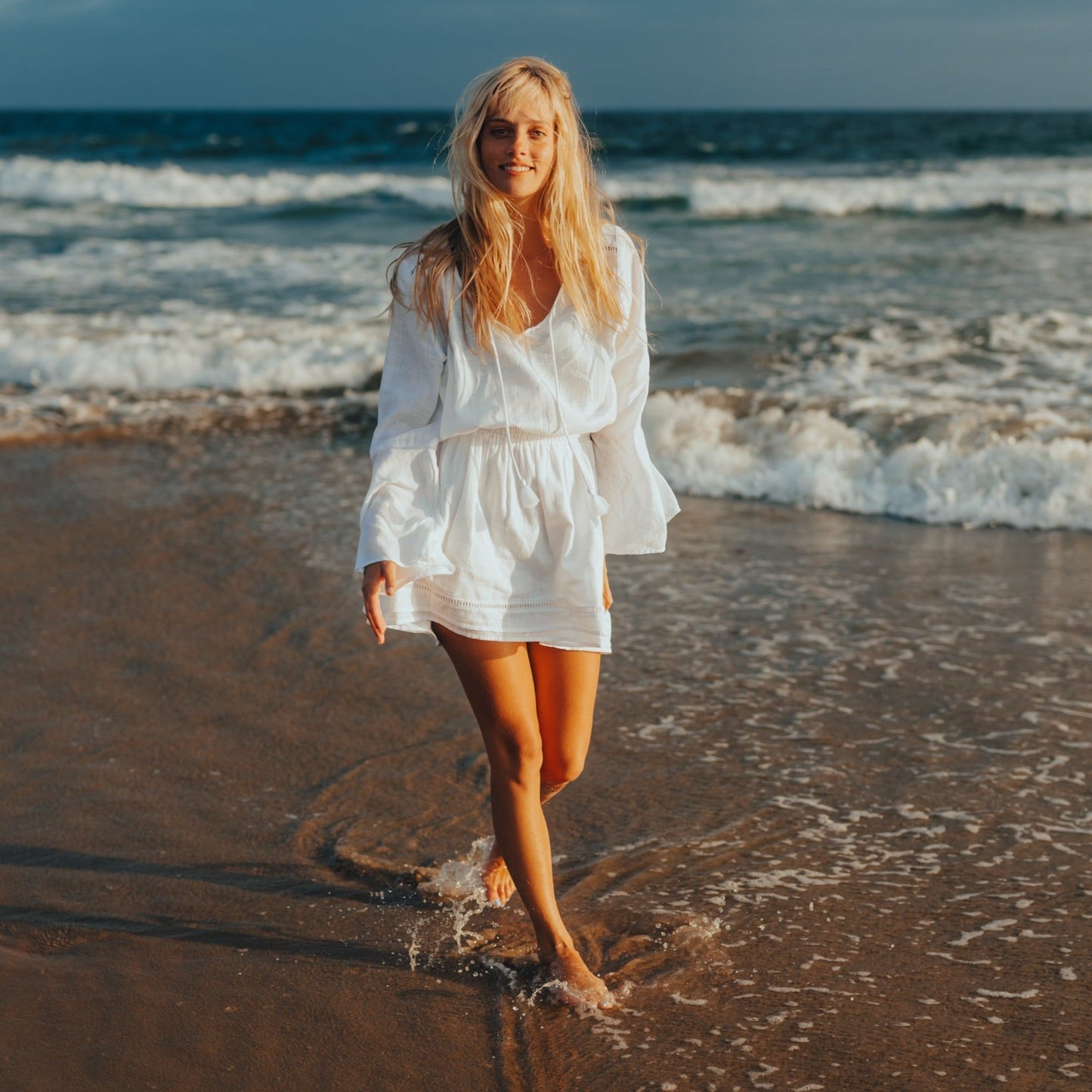 Bell Sleeve Mini Dress in White