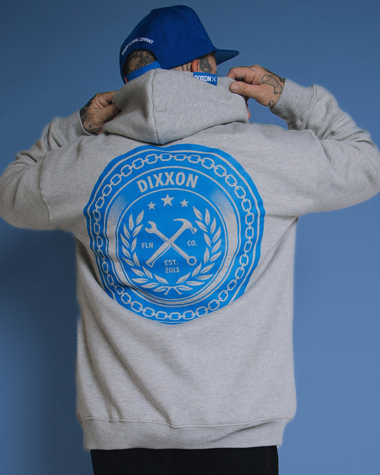 Blue Chain Badge Zip Up Hoodie - Heathered Gray