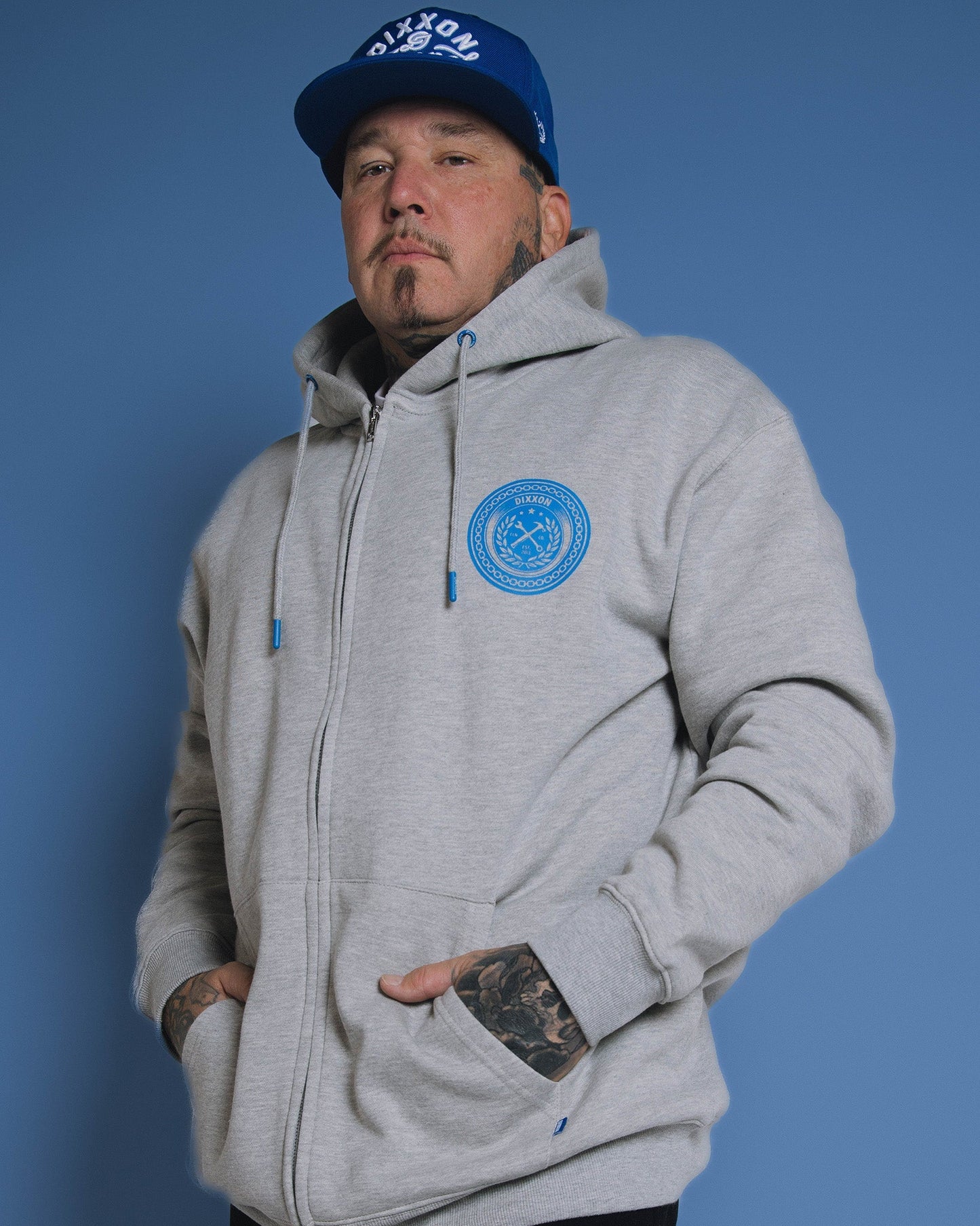 Blue Chain Badge Zip Up Hoodie - Heathered Gray