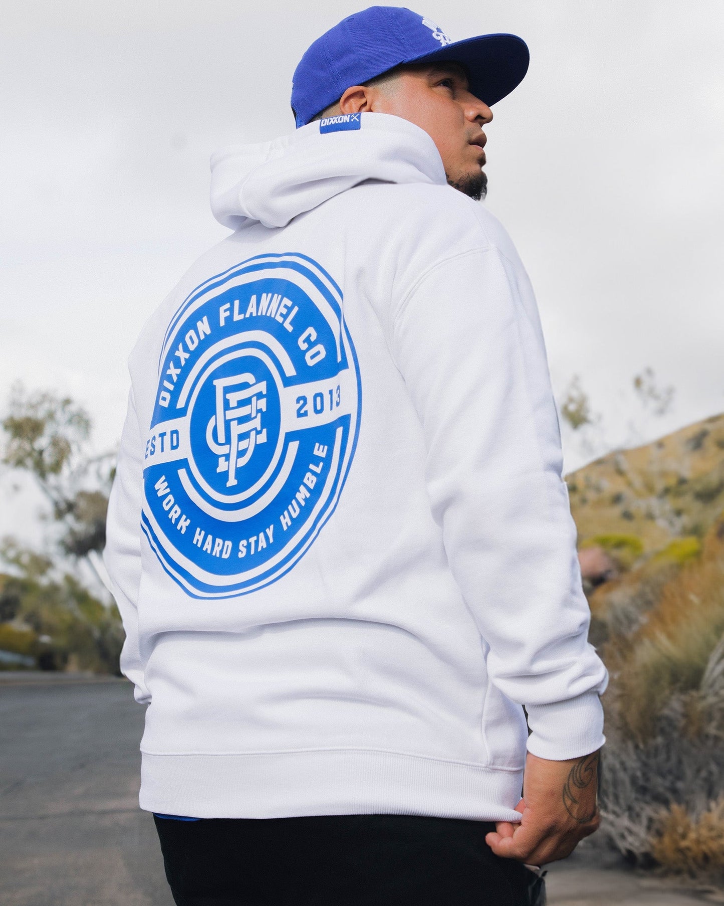 Blue Work Hard Badge Zip Up Hoodie - White