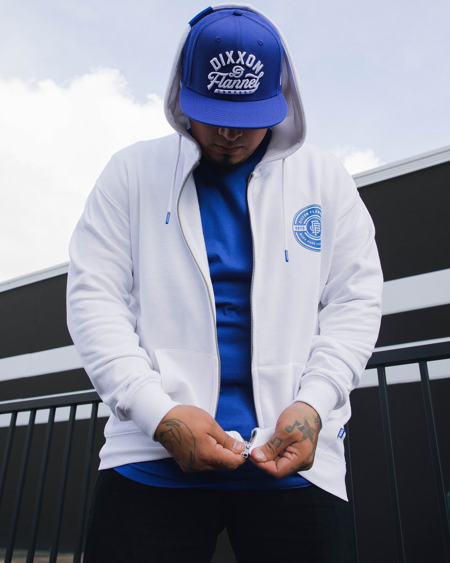 Blue Work Hard Badge Zip Up Hoodie - White