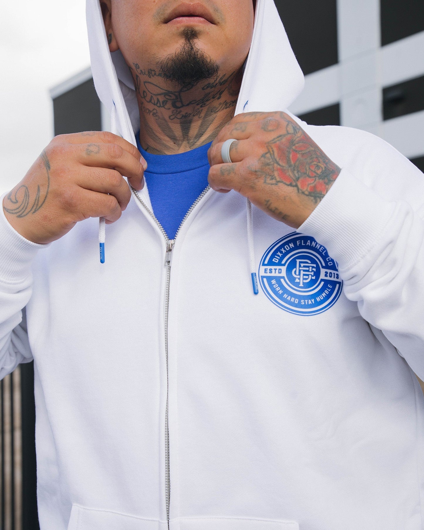 Blue Work Hard Badge Zip Up Hoodie - White